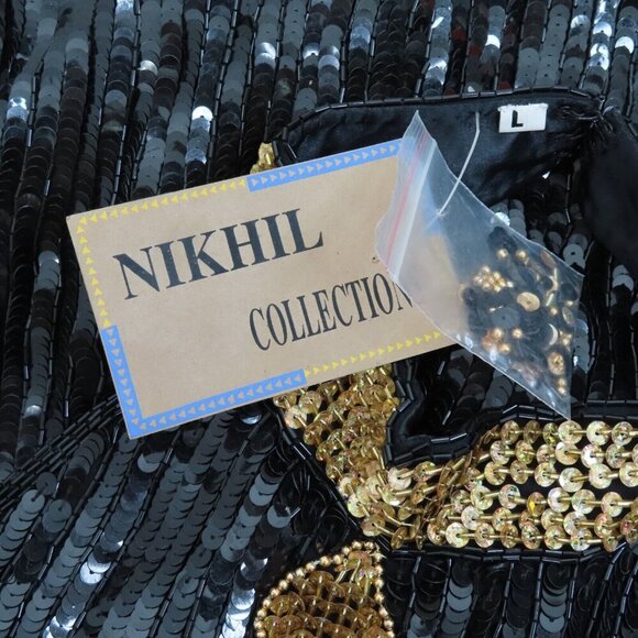 Vintage Nikhil Womens Large Silk Black Gold Sequin Beaded High Neck Dress NEW - Picture 9 of 13